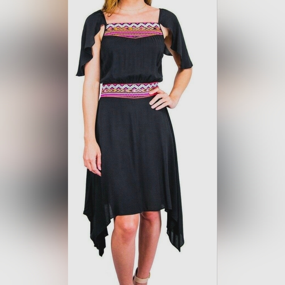 Vertigo Pink and Black Off-Shoulder Asymmetrical Embroidere Sundress B3